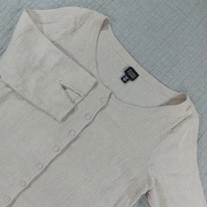 Eileen Fisher Linen Blend Button Up Blouse Oatmeal Lagenlook Cottagecore Coastal - Picture 1 of 7