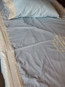 Vtg Cotton Decorative Sheet Bed Cover With Pillow Cover Lace Trim Monogrammed - Picture 1 of 14