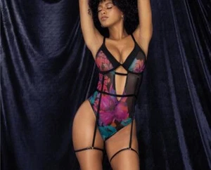 Mapale Flower Print Mesh Underwire Teddy Detachable Garter Straps Large XL - Picture 1 of 3