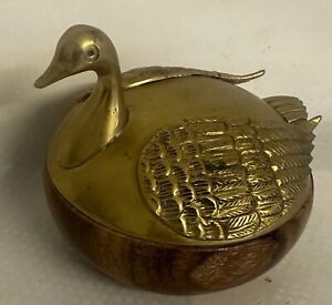 Vintage Novelty Wooden Bowl With Brass Duck Lid