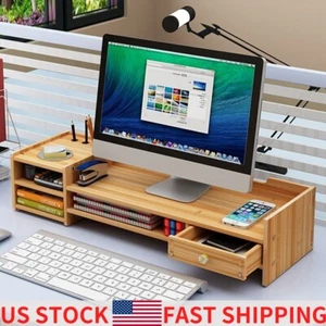 Computer PC Monitor Holder Stand Support Wood Rack Office Table Desktop Storage - Picture 1 of 13