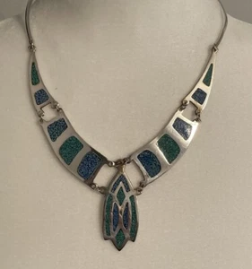 Vintage Alpaca Mexico Silver w/embedded Turquoise 20” Necklace 28.3g Weight - Picture 1 of 12