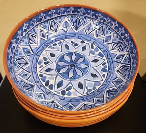TOMMY BAHAMA Blue Tile Terracotta Melamine Salad/Pasta Bowls 8" Set Of 4~EUC!