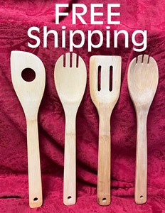 SET of 4 ~~~ Wooden Kitchen Utensils ( Bamboo 11-1/2" ) Pictures TOO Bright - Picture 1 of 5