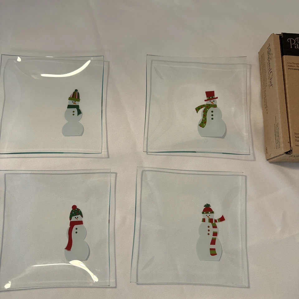 Pampered Chef Snowmen glass plates Square Appetizer Set of 4 #2819 NEW in Box - Image 1 of 3