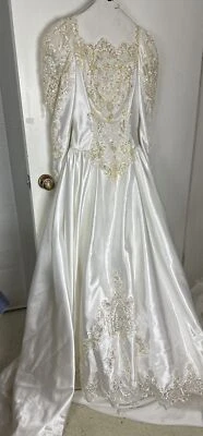 Vintage  Wedding Gown White Satin Beads Lace Long Train Stains Cutter craft fanc - Image 1 of 4