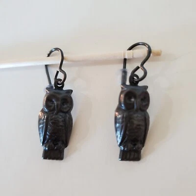 Brown 3D Metal OWL Pierced Earrings on Black Earwires w/Rubber Backs 1" x 1/2"  - Image 1 of 4