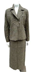 Vintage Ralph Lauren Anzug Reißverschluss Blazer langer Rock hellbraun grau oliv Wolle Tweed Größe 8 - Bild 1 von 19