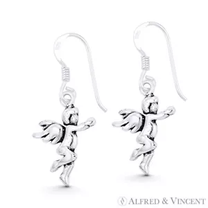 Aretes de gancho colgantes con dije de querubín alado de ángel de la guarda en plata de ley 925 - Imagen 1 de 1