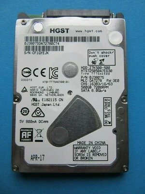 HGST Hitachi Z7K500-500 HTS725050A7E630 500GB 2.5" SATA HDD 3E0 0J38075 2017 - Image 1 of 4