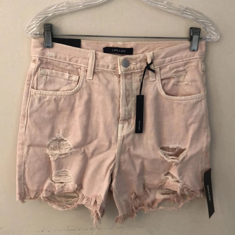 Pantalones cortos de mezclilla rosa suave marca J tiro alto desgastado corte botón delantero talla 24 Foto 1 de 4