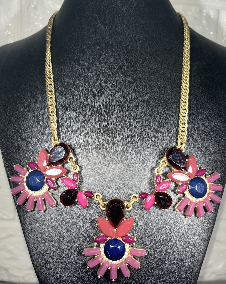 J. Crew Statement Bib Pink,mauve,blue Rhinestone Goldtone Necklace 15-17 1/2” - Image 1 of 4