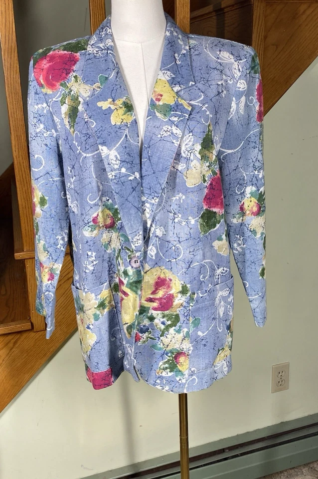 90s Y2K Danielle B Blue Woman 10 Floral Blazer Rayon Flax Cottagecore Career Art - Image 1 of 4