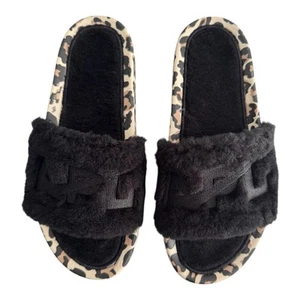 APL Women’s Shearling Furry Slide Sandals in Black/Leopard Size 8 - Picture 1 of 7