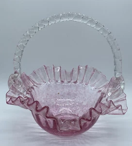 Pink Speckled Art Glass Basket Ruffle Edge Clear Spiral Handle - Picture 1 of 14