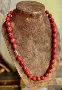 CHINESE Vintage 15.5mm CARVED CINNABAR BEAD Hand Knotted NECKLACE 29" Gold Clasp - Picture 1 of 7