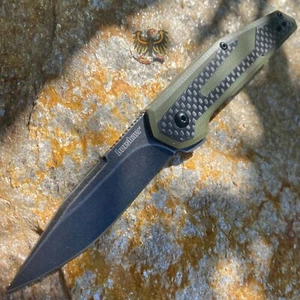 KERSHAW JENS ANSO FRAXION FLIPPER KNIFE CLIP POINT BLADE, OLIVE G10 HANDLES - Picture 1 of 6