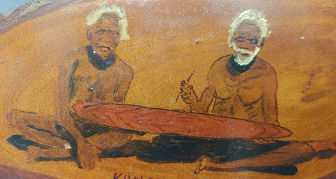 Old Vintage Hand Painted Tribal Native People Wood Slice Wall Hanging Plaque Cover