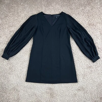 WHITE HOUSE BLACK MARKET Black Pleated Long Sleeve V-Neck Shift Dress Womens 6 - Image 1 of 4