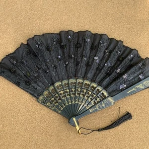 Black Hand Fan Peacock Vintage Plastic And Lace - Picture 1 of 10