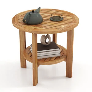 Teak Wood 2-Tier Side Table 19.5'' Round Coffee Table End Table w/ Slatted Top - Picture 1 of 10