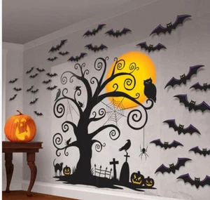 CEMETERY Scene Setter Halloween Party wall BACKDROP kit 5' bats cats tree 32pc - Picture 1 of 2