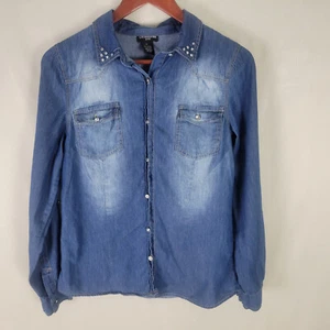 Cotton Express Shirt Womens Large Petite Blue Top Chambray Roll Tab Button Up - Picture 1 of 15