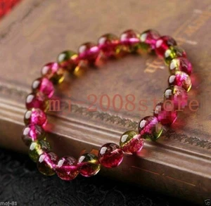 6/8/10/12mm Natural Watermelon Tourmaline Gemstone Beads Stretchy Bracelet 7.5'' - Picture 1 of 5