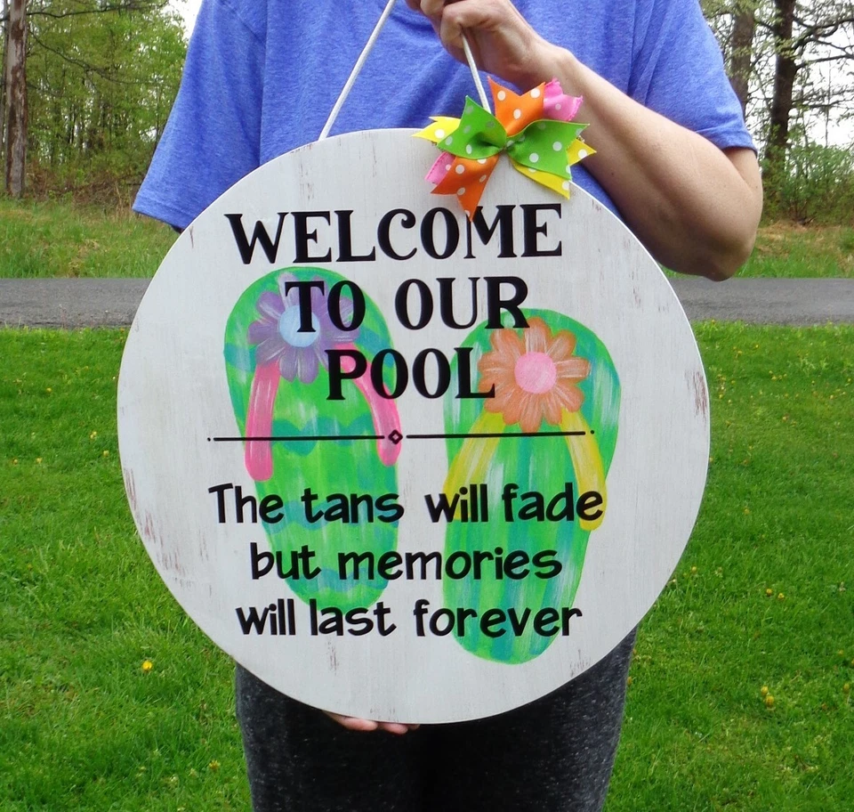 18" WELCOME TO OUR POOL CIRCLE SIGN Wall Art Door Hanger Deck Swim Plaque Wood - Image 1 of 1