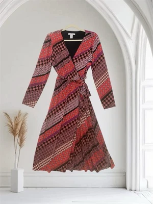 Vestido envolvente sintético manga larga estampado geográfico London Times para mujer talla 10 Holiday Chic Foto 1 de 4