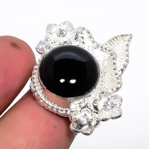 Brazilian Black Onyx & White Topaz Silver Plated Ring s.7 T30, Christmas Gift - Picture 1 of 3