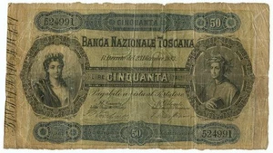 50 LIRE BANCA NAZIONALE TOSCANA REGNO D'ITALIA MATRICE III TIPO 23/12/1883 MB/BB - Picture 1 of 6