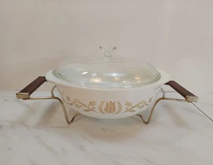Casseruola vintage 1958 Pyrex Promo tulipano dorato con culla e coperchio 2 qt 024 MCM - Foto 1 di 24