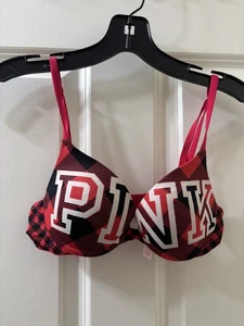Victorias Secret Pink Wear Everywhere Tshirt Lightly Lined Bra Red Plaid 34A - Picture 1 of 6