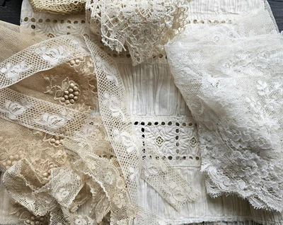 Antiguo Encaje Bordado Grande Francés Bobble Blanco Trabajo Valenciennes De Colección Foto 1 de 4