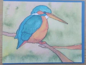 Tarjeta artística de viaje de pesca Emma Ball Kingfisher saludos de cumpleaños pájaro en blanco AK18 - Imagen 1 de 1