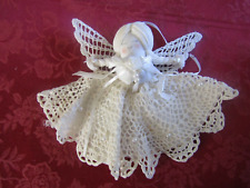 Vintage White Crochet/Cloth  Beaded Angel w/Stach Wins Christmas Ornaments 7.5"