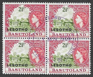 BLOCK of 4 USED STAMPS 1966 OVERPRINTED 2 1/2c LESOTHO - Picture 1 of 2