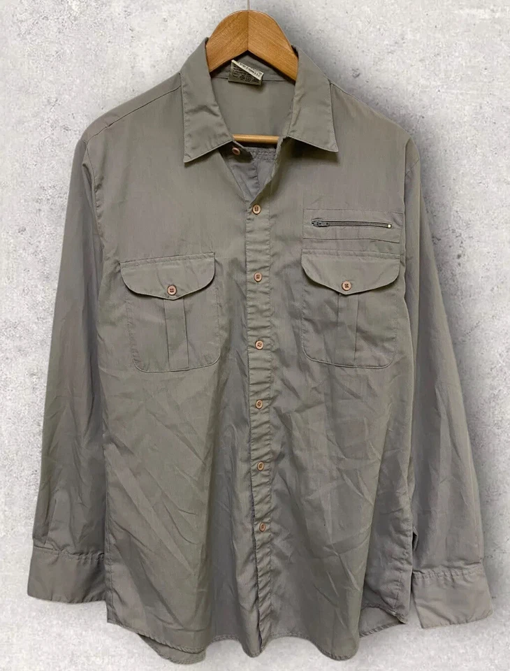 复古周六男式长袖休闲纽扣衬衫拉链口袋灰色 L — 第 1/4 张图片