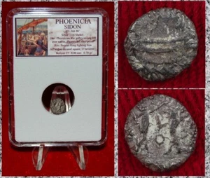 Ancient Coin PHOENICIA Sidon Galley King Fighting Lion Silver 1/16 Shekel - Imagen 1 de 4
