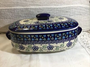 Casseruola in ceramica polacca UNICO Boleslawiec blu ricoperta di fiori firmata - Foto 1 di 24