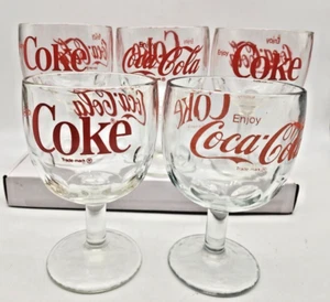 Vintage Thumbprint Red Coca-Cola Goblet Glasses 16 oz Clear Coke Retro - Picture 1 of 7