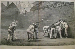 FOOTBALL AT THE WALL ETON COLLEGE BERKSHIRE FOLIO GRANDE, HARPER’S SEMANAL 1876 - Imagen 1 de 2