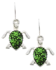 NEW Silver Tone Mini Green Glitter Sea Turtle Sea Life Pendant Charm Earrings - Picture 1 of 1