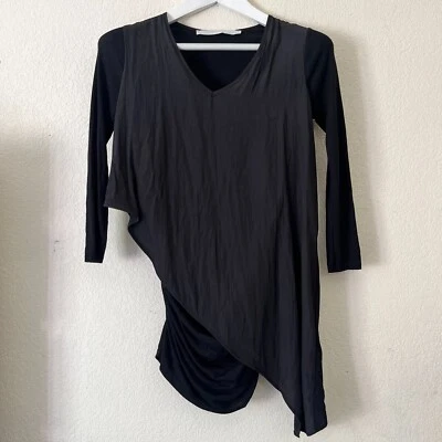 Top túnica asimétrica Lola & Sophie para mujer manga 3/4 acanalada cuello en V cortina XS negro Foto 1 de 4
