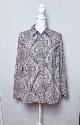 Blusa para mujer J McLaughlin talla L 100 % algodón marrón/blanco abotonada cachemira Foto 1 de 4