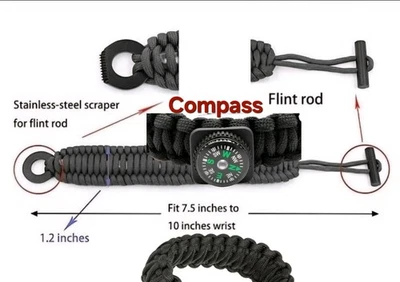 Pulsera Survival Paracord - Arrancador de Fuego con Brújula Ilimitado Reino Unido REGALO PERFECTO Foto 1 de 4