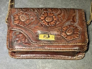 Plamex Leather Vintage Hand Tooled Floral Boho Purse Bag 9” 8 Compartments - Picture 1 of 20
