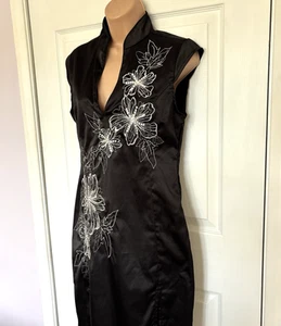 Jane Norman Y2K Oriental Dress in Black Satin Sequins Silver Embroidery UK 16 - Picture 1 of 9