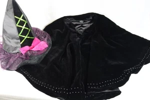 Girls Youth Witch Hat, Cat Mask, & Black Velvet Cape Dress Up Halloween Costume - Picture 1 of 10